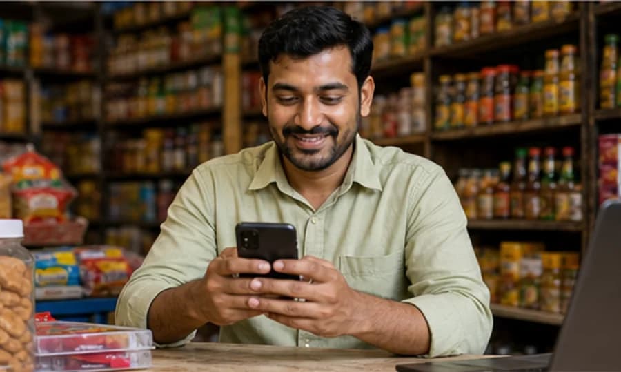 Indian grocery shop owner using a smartphone inside a kirana store