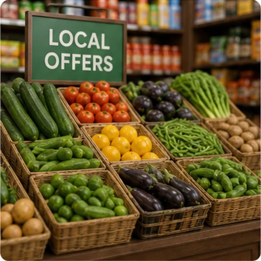 Fresh local vegetables and fruits with a local offers sign
