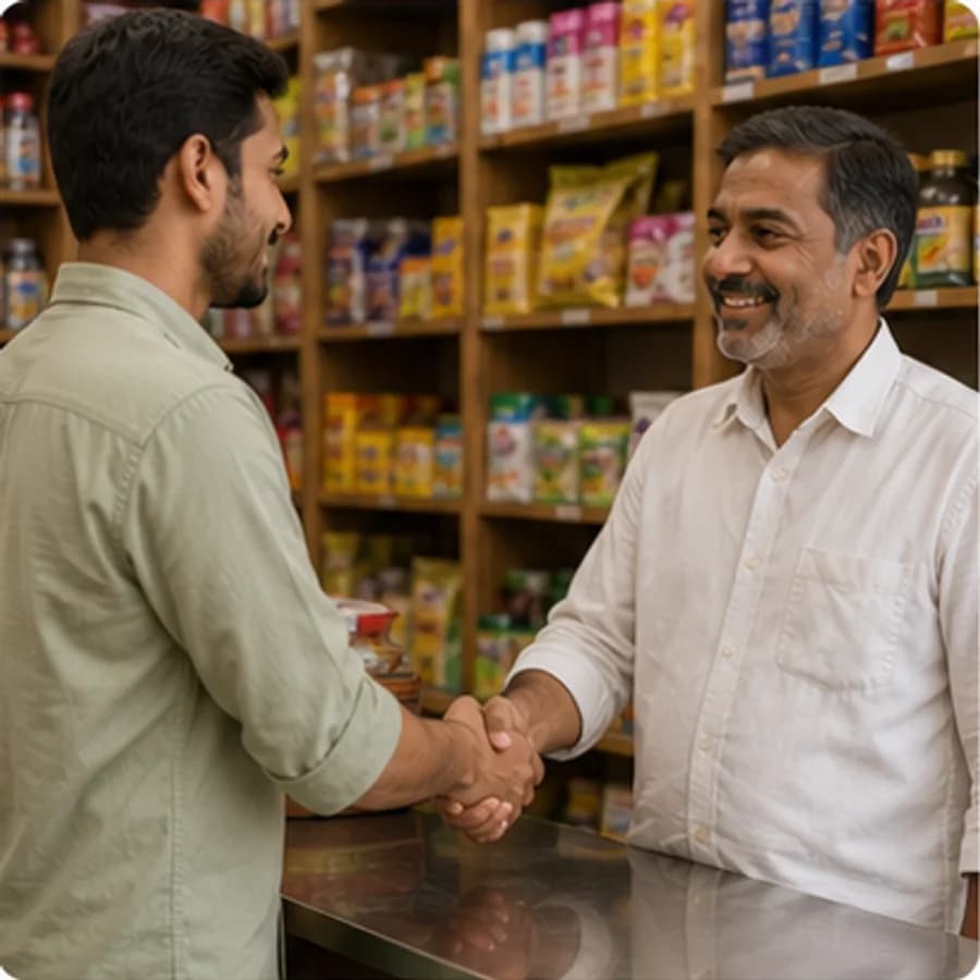 Local shop owner and customer shaking hands inside a store